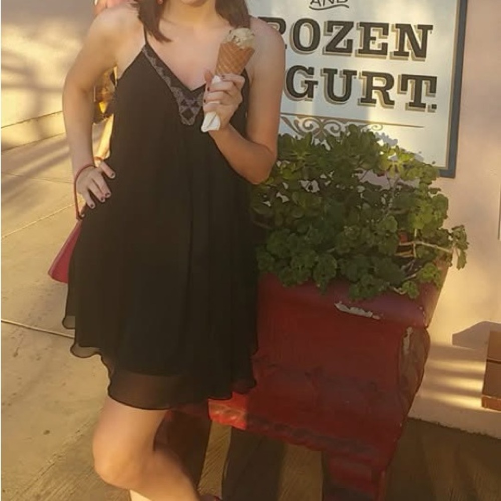 Black Slip Dress with Embroidered Detail